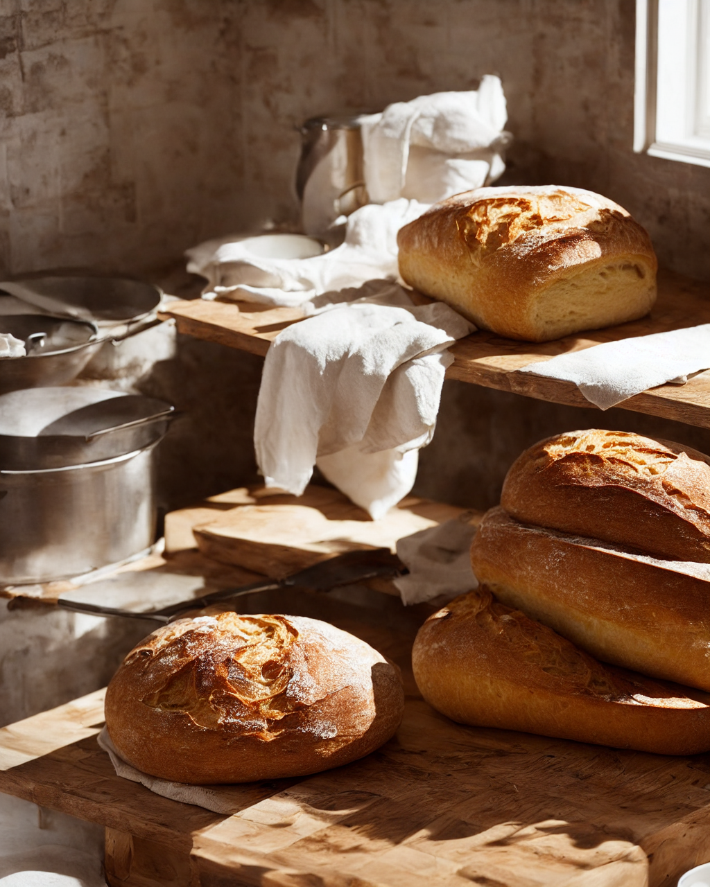 Fresh sourdough loaves cooling on a wire rack in warm morning light